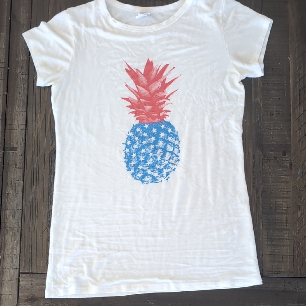 White T-Shirt with Red and Blue Pineapple Design